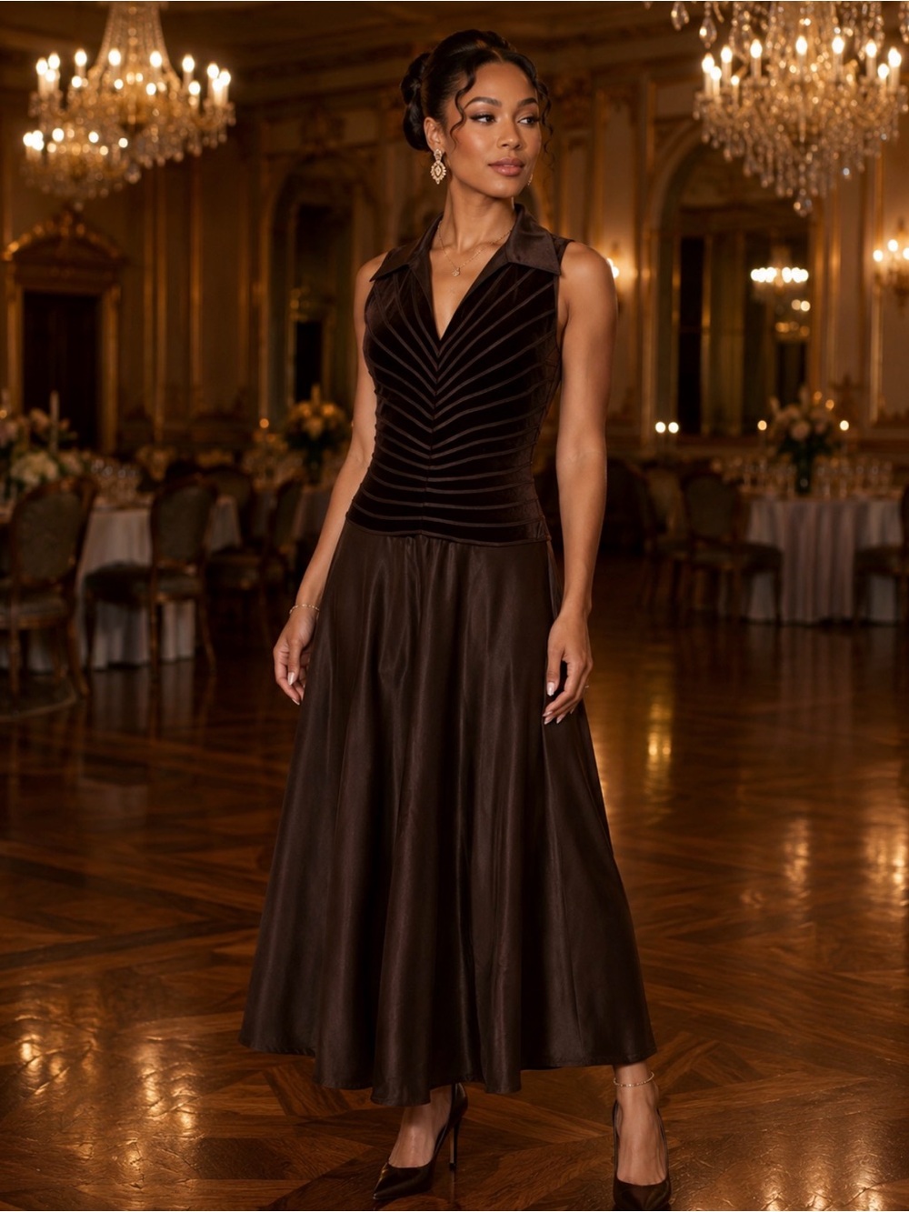Vtg Tadashi Shoji Chocolate Brown Collar Velvet Halter Satin Evening Sz 6 Dress